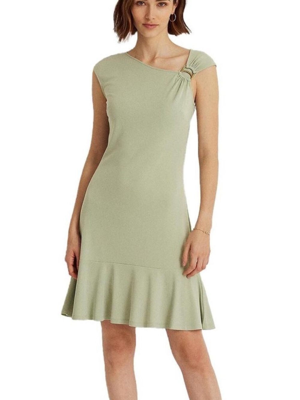 Ralph Lauren One-Shoulder Sage Green Ring-Detail Ruffle Dress